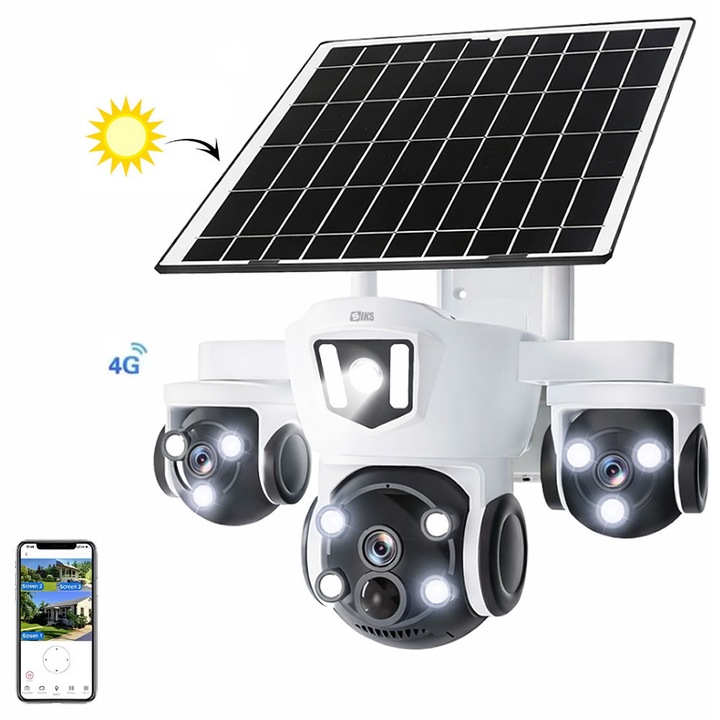 Camera Supraveghere Video Tripla SIKS, Incarcare Solara, Conectare WiFi Si SIM 4G, 12MP, Slot MicroSD, Monitorizare Vocala, Rotire 360 Grade, Vedere Nocturna Smart IR, Senzor De Miscare, Comunicare Bidirectionala, Alarma, Rezistenta La Apa, ML511501, Alba