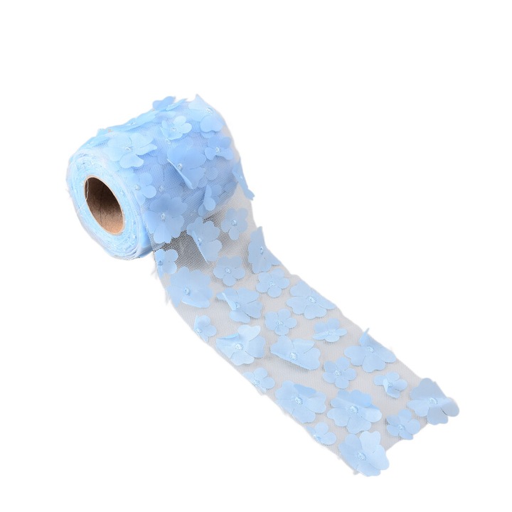 Rola tulle cu flori, 8cmx9m, albastru deschis