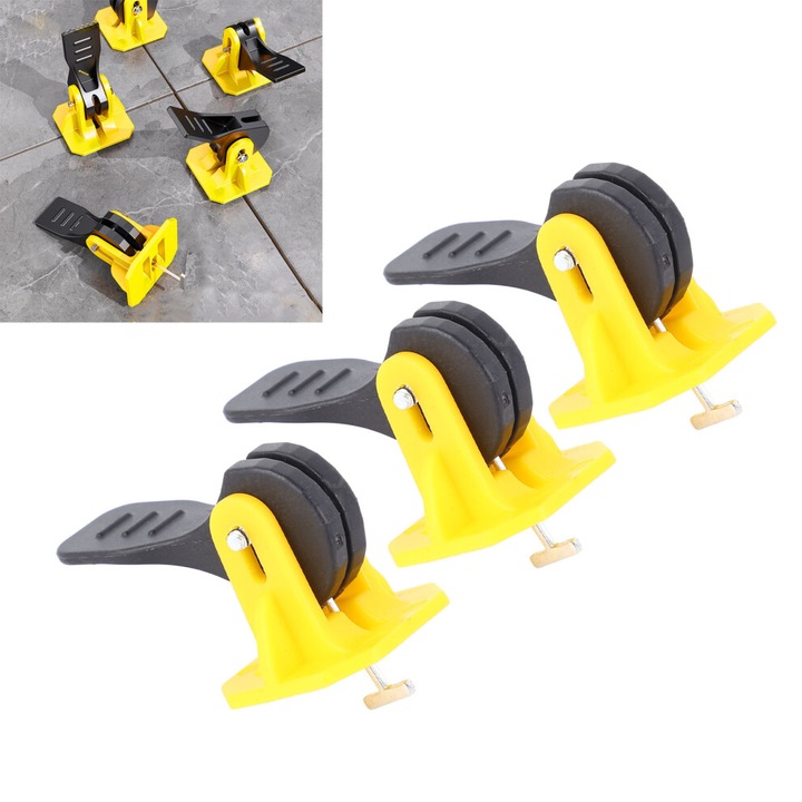 Set 50 distantiere de nivelare pentru placi, reglabile 2-6 mm, reutilizabile, cu pioneze T din otel inoxidabil, plastic, galben/negru