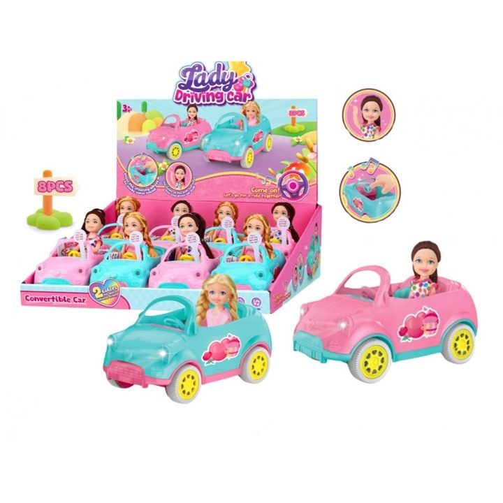 Artyk Lady Driving Car baba/figura, autóval, hanggal és mozgatható végtagokkal, többszínű, 1 db