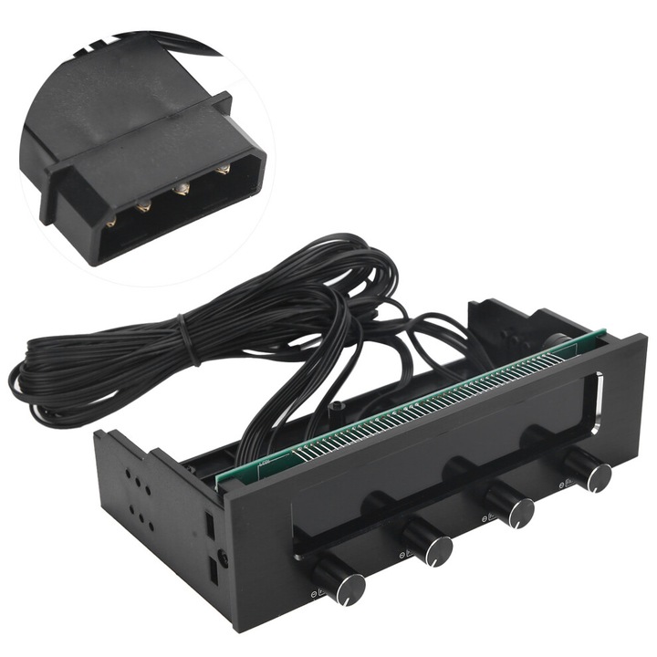 PC ventilátor vezérlő, STW-6041 sebességszabályzó, 4 csatornás, LCD kijelző, alumínium-magnézium panel, PWM szabályozás és hőmérséklet riasztás, Fekete, 1 db