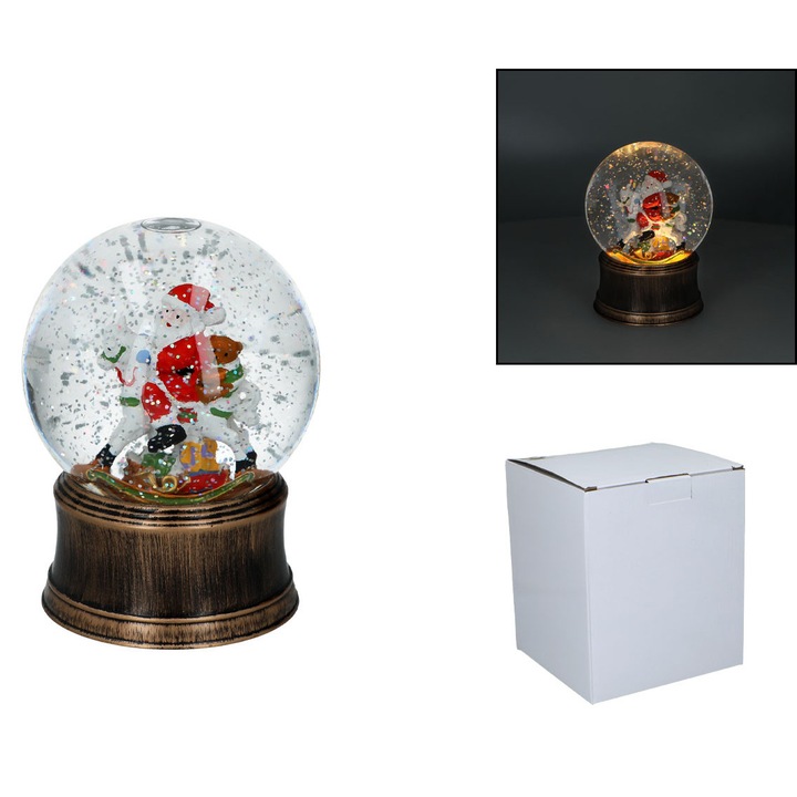 Díszgömb HANIPOL, karácsonyi dísz, Mikulás figurával, LED-del, csillogó hópelyhes hatással, Többszínű, 1 db