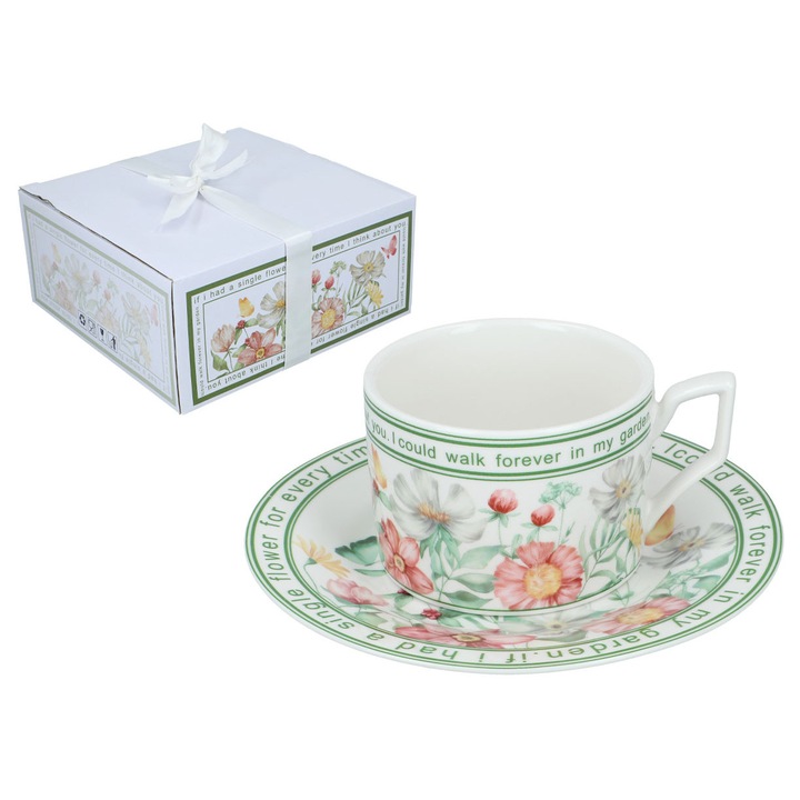 Csésze alátéttel Carmani, porcelán, elegáns, virágmintás, többszínű, 1 szett