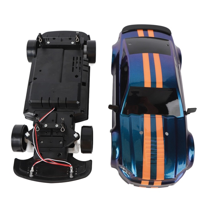 Masina RC drift telecomandata 4WD 2.4G, viteza 20 km/h, carcasa ABS/PVC, 2 seturi roti (racing si drifting), faruri frontale LED, albastru/portocaliu, 280x130x80 mm, 1 buc