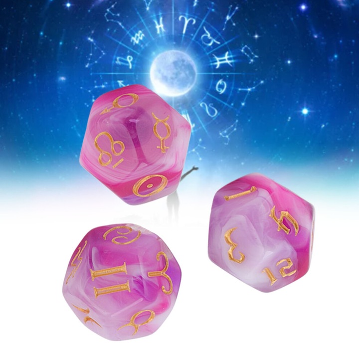 Set zaruri astrologice, zaruri de divinatie, 12 fete, cu sclipici si simboluri astrologice, acril, roz/mov, 3 piese
