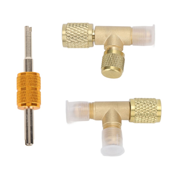 Hűtőközeg T-adapter, 3 portos T-csatlakozó, szelepbetét nyomó, R22/R12/R134a kompatibilis, 1/4in SAE FFL/MFL menet, sárgaréz, arany