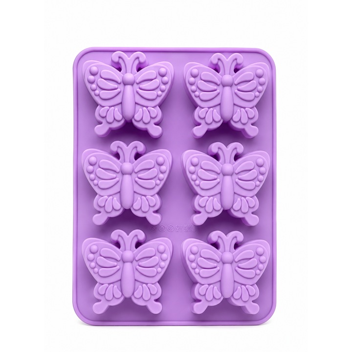 Forma Silicon pentru Briose si prajituri, 6 Compartimente, Reutilizabila, Antiaderenta, Rezistenta la Temperatura, BPA free, Forma Fluture, 26 x 17.5 cm, Mov