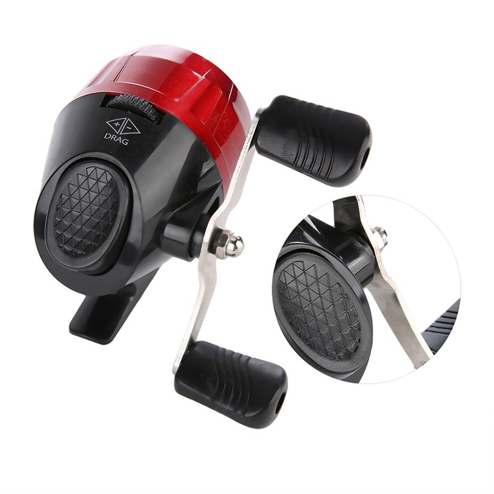 Mulinet spincast portabil, cu brat metalic, anti-incurcare, rosu, 135 g, 5.8 cm diametru