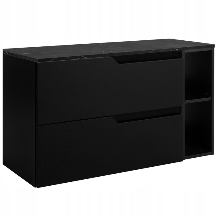 Dulap De Baie Suspendat Pentru Lavoar, Rodan, Modern, 100x57x46 cm, Negru Mat Cu Blat Aspect Marmura Neagra, MDF Si Pal, Fronturi Mate, Deschidere Fara Manere, Soft Close, Mobilier Baie Modern, Masca Chiuveta Premium