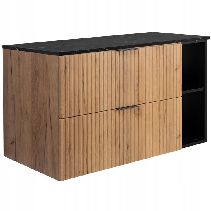 Dulap De Baie Suspendat Pentru Lavoar, Rodan, Flow, 100x57x46 cm, Stejar Craft Auriu Si Negru Cu Blat Marmura Neagra, MDF Si Pal, Fronturi Canelate, Soft Close, 3 Seturi Manere, Mobilier Baie, Masca Chiuveta Premium