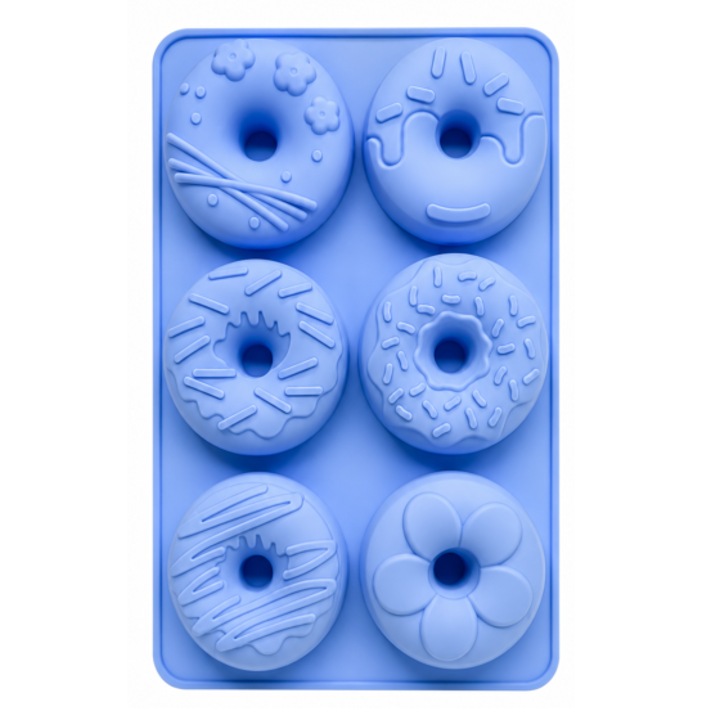 Szilikon forma fánkokhoz és muffinokhoz, 6 üreges, tapadásmentes, 230°C-ig hőálló, ideális desszertekhez, 28 x 17 cm, kék