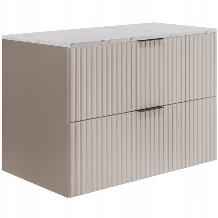 Dulap De Baie Suspendat Pentru Lavoar, Rodan, Flow, 60x57x46 cm, Casmir Cu Blat Aspect Marmura Alba, MDF Si Pal, Fronturi Canelate, Inchidere Lenta Soft Close, 3 Seturi Manere, Mobilier Baie Modern, Masca Chiuveta Premium