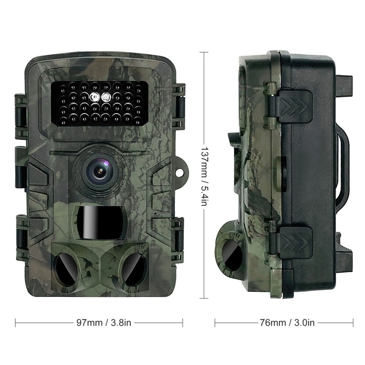 Camera de vanatoare / trail camera 20MP 1080P, 3 senzori PIR 120° detectie 65 ft, night vision, senzor miscare rapid 0.2-0.6s, rezistenta la apa, camuflaj, 137x97x76mm