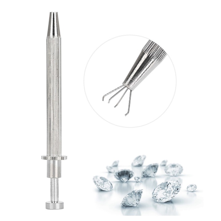 Penseta pentru bijuterii, prindere cu 4 gheare, inox, argintiu, 11cm