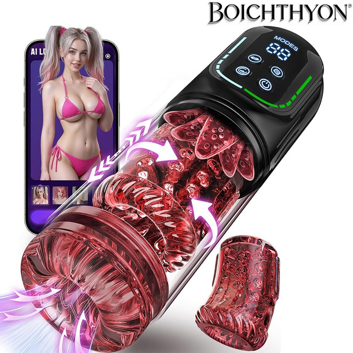 Masturbator automat pentru barbati, 4 in 1 inteligent cu control APP, Boichthyon®, vibratii puternice si aspiratie automata, 7 moduri, hands free, silentios, rezistent la apa, USB reincarcabil