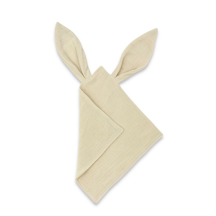 Jucarie textila senzoriala, Qmini, Cu urechi fosnitoare, 30 x 30 cm, Din muselina dubla, Warm Beige