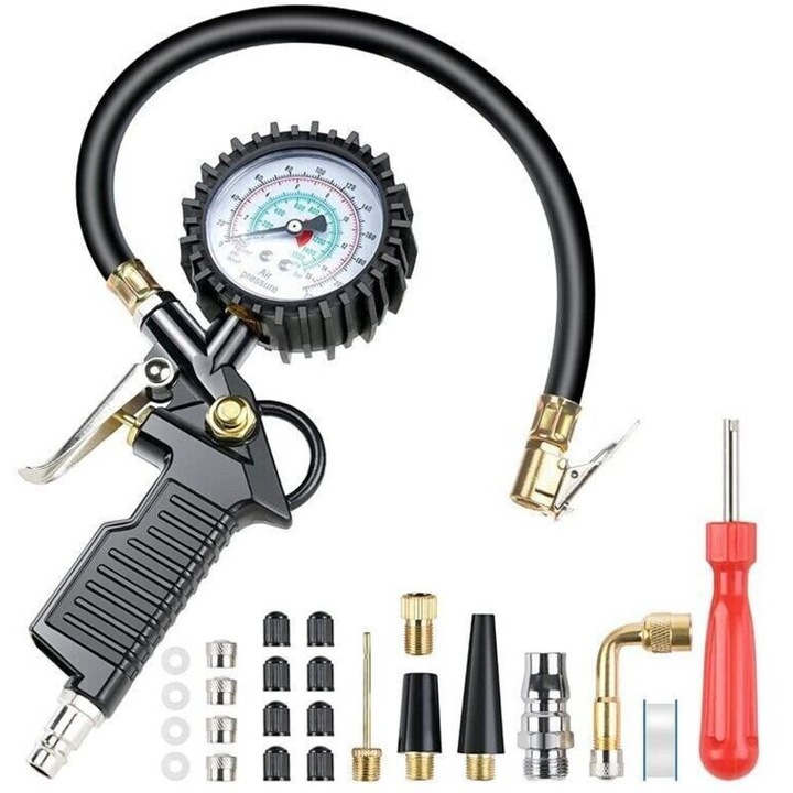 Manometru presiune pneuri / pistol de umflat 0-220 PSI, mandrin din alama, supapa de descarcare integrata, cu 20 accesorii, Negru, 1 set