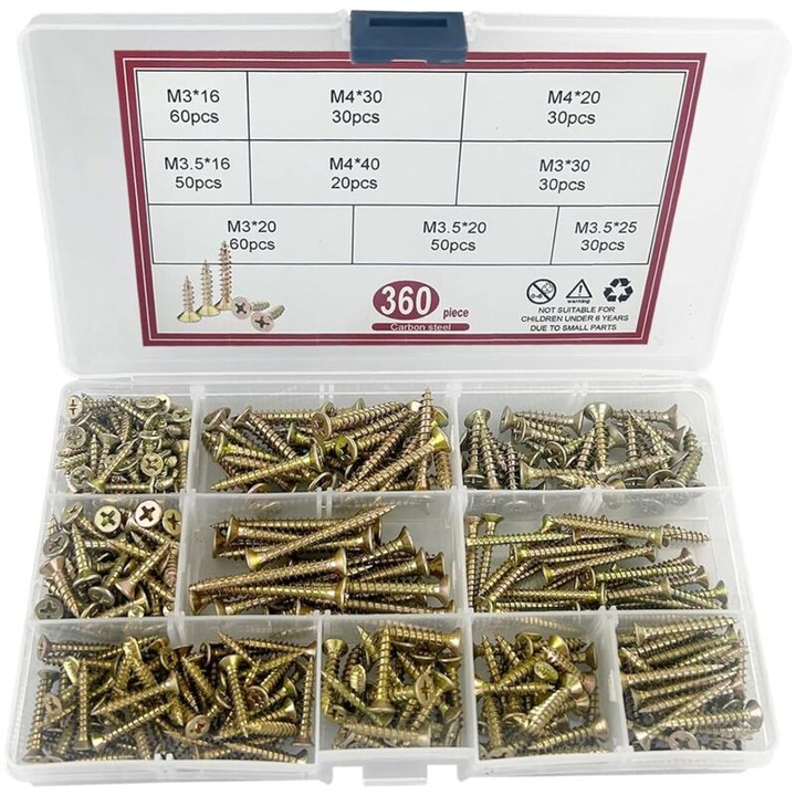 Set 360 suruburi pentru lemn, autoforante Pozidriv, otel carbon galvanizat galben, cutie organizator, 50xM3.5x16mm/60xM3x20mm/30xM3x30mm/50xM3.5x25mm/30xM4x20mm/30xM4x30mm/20xM4x40mm