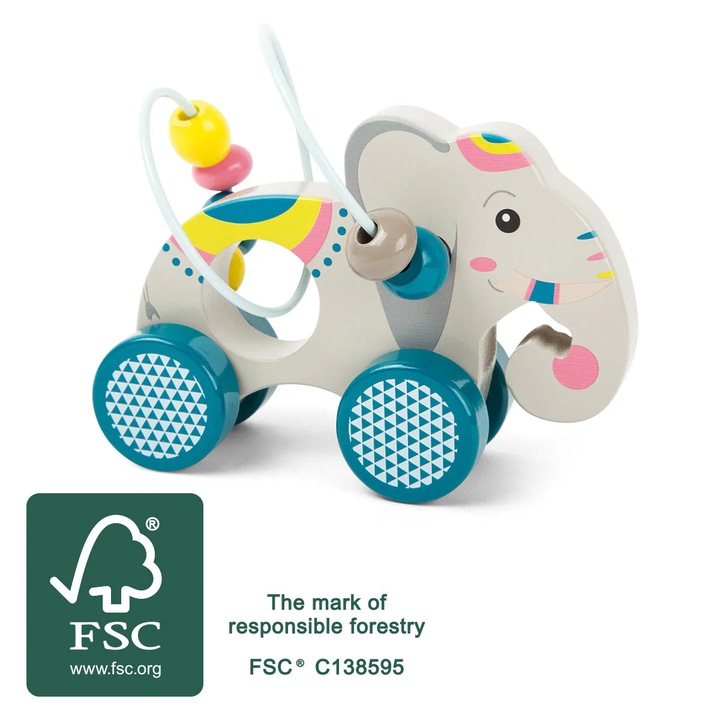 Elefant de Impins cu Labirint de Bile "Jungle" FSC 100% – Jucarie din Lemn Certificat pentru Copii, Promoveaza Motricitatea Fina