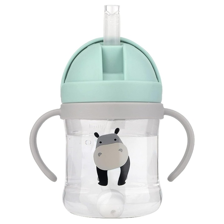Cana cu sorbitura pentru 6+ luni, sticla de apa etansa pentru copii mici cu pai, cana pentru copii mici, sticla de apa anti-scurgere fara BPA, model antrenor pentru copii cu manere, [Verde, 250 ml]