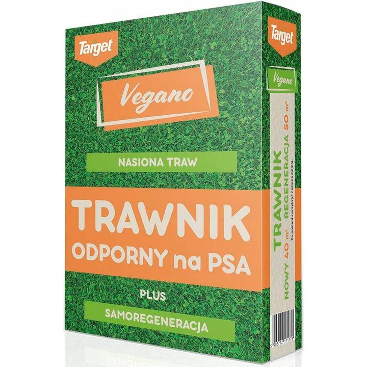 Семена за трева за устойчива на кучешка урина морава, Target, Vegano, 1 кг, за 40 м2 Смес с микродетелина със самовъзстановяване Бърз растеж Гъста Запълваща Устойчива на утъпкване Тъмнозелена морава