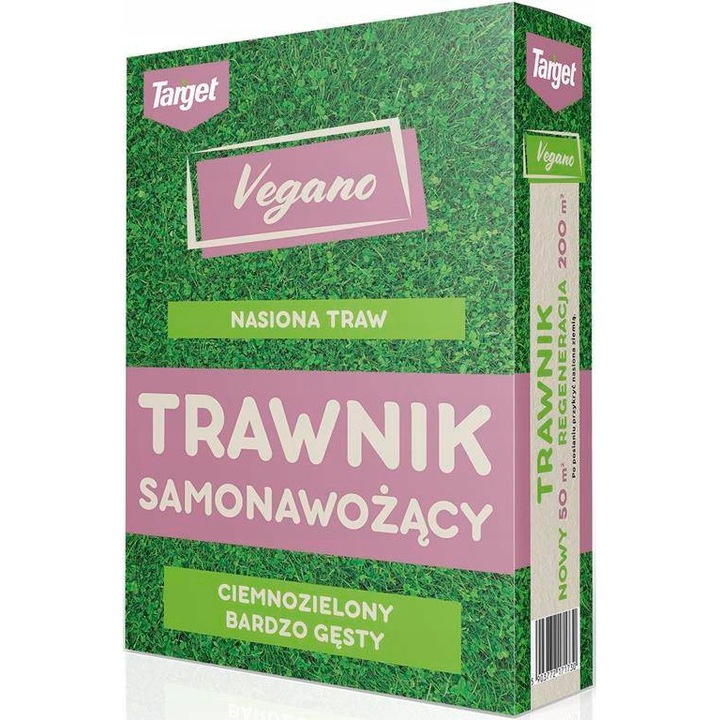 Семена за трева за морава със самооплождане, Target, Vegano, 1 кг, Покрива 50 м2 Смес с микродетелина, усвояване на азот от въздуха, устойчивост, екологичен тор, много гъста тъмнозелена морава, устойчивост на стъпкване