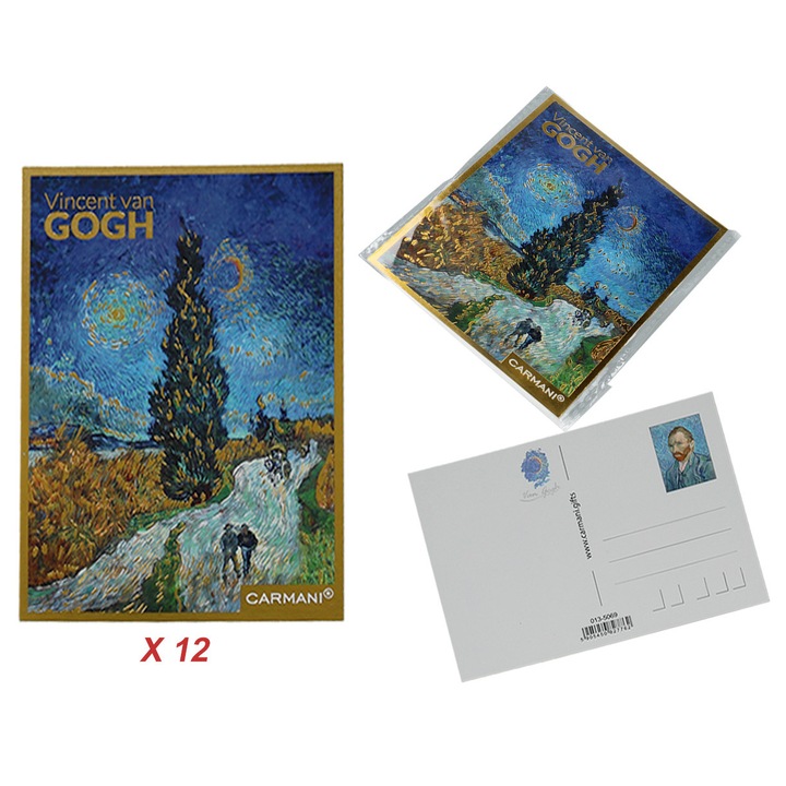 12 db-os képeslap készlet CARMANI Van Gogh Ciprusos út, művészi reprodukciók, hátoldal íráshoz, Többszínű, 12 db