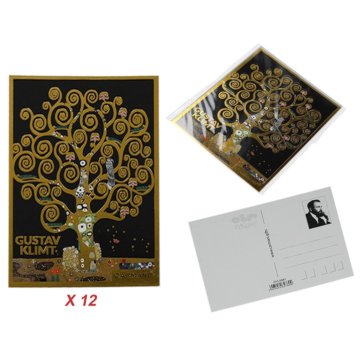 Carmani, Gustav Klimt Az élet fája, 12 darabos képeslap szett, művészeti reprodukciók, nyomtatott előlap, írható hátlap, fekete/arany