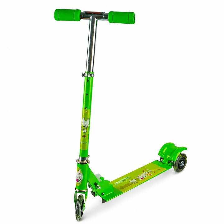 Állítható gyerek roller 3 kerékkel és LED-del, Összecsukható fém váz, Állítható magasságú kormány, ABEC-5 csapágyak, Hátsó kerékfék, Kültéri és beltéri roller, 3+ éves gyermekeknek, Zöld