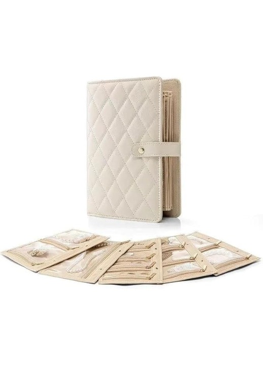 Organizator bijuterii tip carnet, din piele ecologica impermeabila, cu buton, 5.7×8.43 inci, multiple culori, portabil pentru acasa si calatorii, pentru inele, coliere si cercei