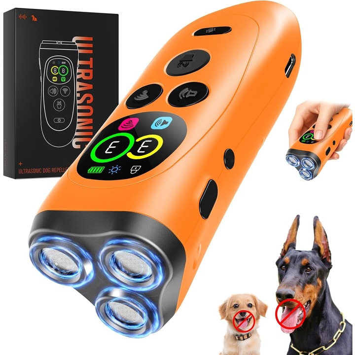 Dispozitiv anti-latrat pentru caini, RQQM®, cu ultrasunete de 3 ori mai puternice, ecran LCD color, 7 moduri de dresaj, raza de actiune de 10, 6 m, portocaliu