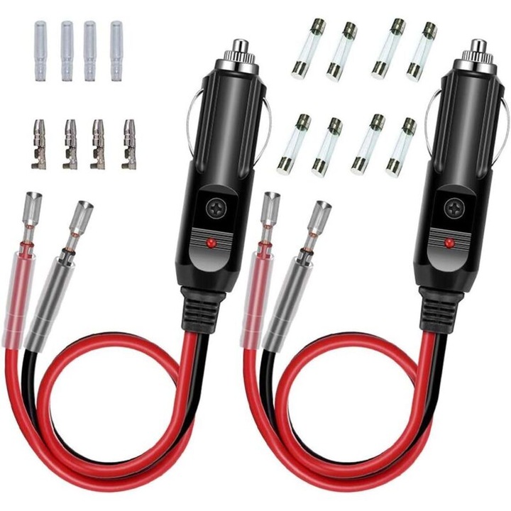 Adaptor allume-cigare masculin, conector universal, cablu 16 AWG, 12V/24V, cu 4x10A si 4x15A sigurante, rosu/negru, 2 bucati