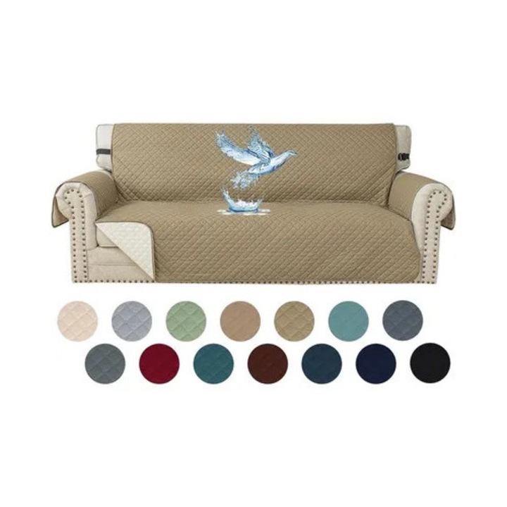 Husa pentru canapea, protector universal impermeabil, antiderapant cu elastic reglabil 135 cm, cu buzunar lateral, pentru 3 locuri, kaki, 1 buc