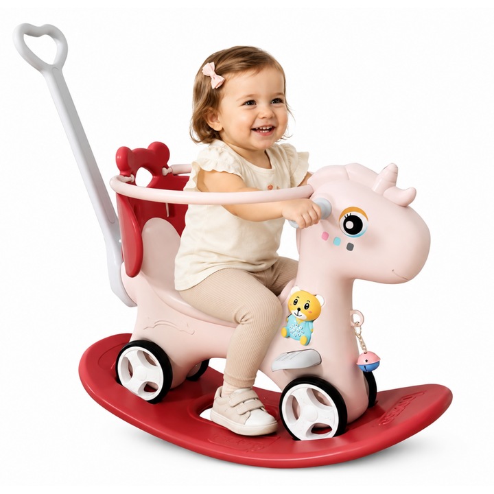 Balansoar 3 in 1 Nichiduta Garden Happy Unicorn Bordeaux Red, transformabil in vehicul fara pedale cu maner parental, roti EVA, centuri de siguranta, jucarie muzicala, spatar si bara de siguranta detasabile