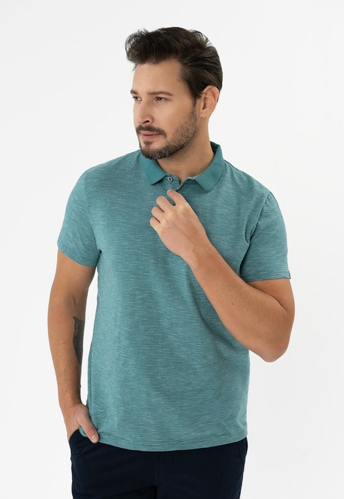 Tricou polo barbati cu dungi din bumbac, Regular Fit, Volcano O-Mango, turcoaz, Turcoaz