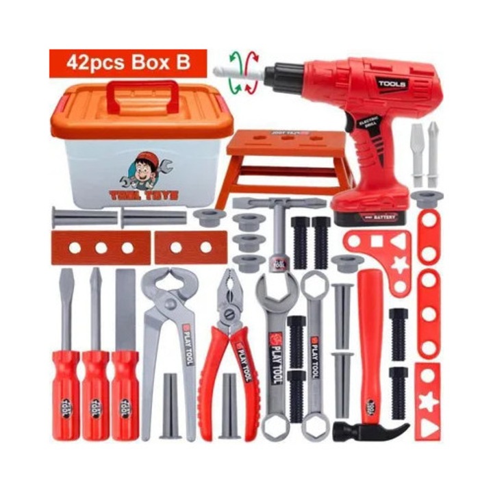 Set jucarie trusa de scule pentru copii Box B, cu bormasina electrica jucarie, piese din plastic ABS, netoxice si margini rotunjite, rosu/portocaliu, 42 piese