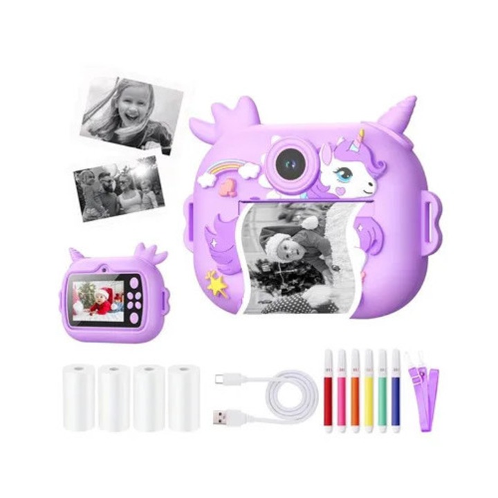 Camera foto instantanee pentru copii, imprimanta foto portabila, imprimare in 3s, zoom digital 16x, video 1080P, hartie termica autoadeziva, USB reincarcabila, violet, 1 buc