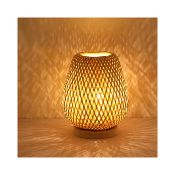 Lampa de masa/veioza stil zen din bambus, facuta manual, 3 trepte de lumina cu comutator buton, soclu E27 include bec LED 5W, lumina calda, natural, O20xH23xO12 cm