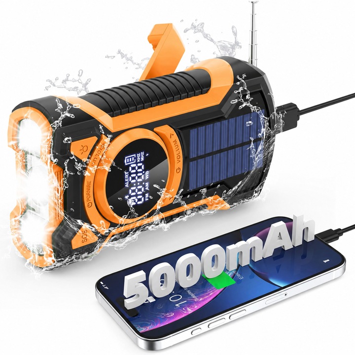 Радио за спешни случаи XPQKDC® Solar BT 5000, AM/FM радио с манивела и соларно зареждане, Bluetooth високоговорител, USB Power Bank, SOS аларма, LED фенерче, 5000 mAh батерия, IPX5, за къмпинг на открито