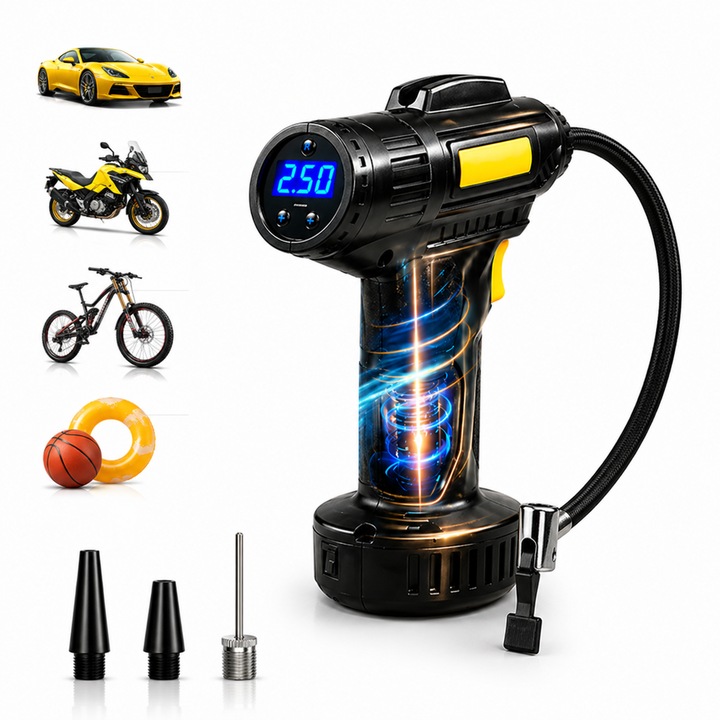 InflateGo - Compresor Auto Portabil, 150PSI, AutoStop Control™, 120W, Baterie 4000mAh, 3 Adaptoare de Umflare
