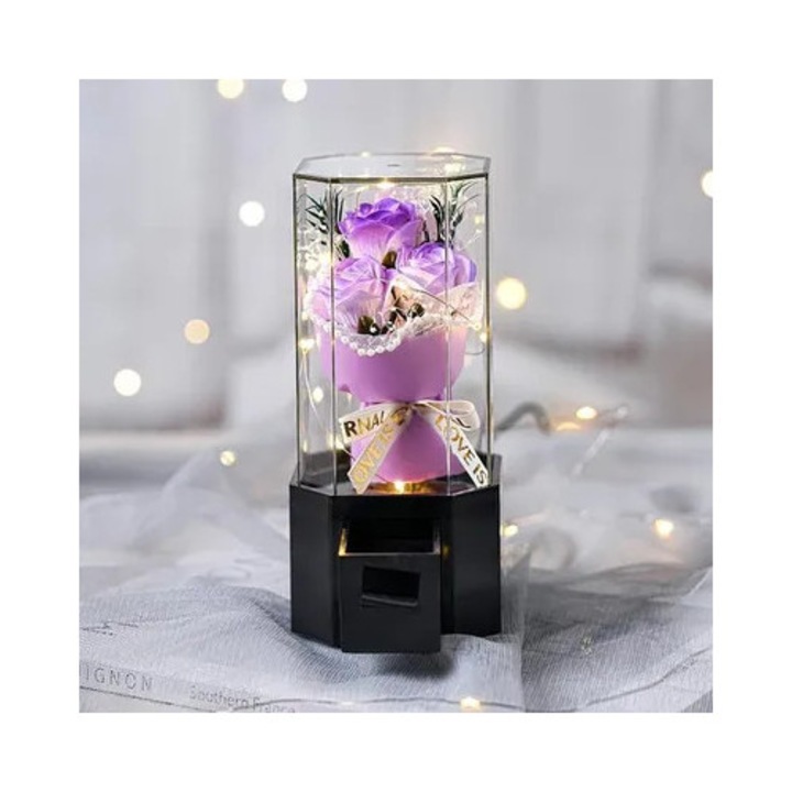 Dekoratív örök rózsa akril kupolában LED fénnyel és zenével, gypsophilával és tárolófiókkal, romantikus ajándék, lila, 1 darab