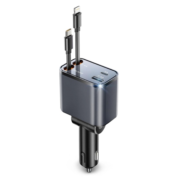 Incarcator Auto Comari® RetractPro 69W, 2x USB-C + USB-A + Cabluri Retractabile USB-C PD 30W si Lightning, Cap Rotativ 180°, Gri