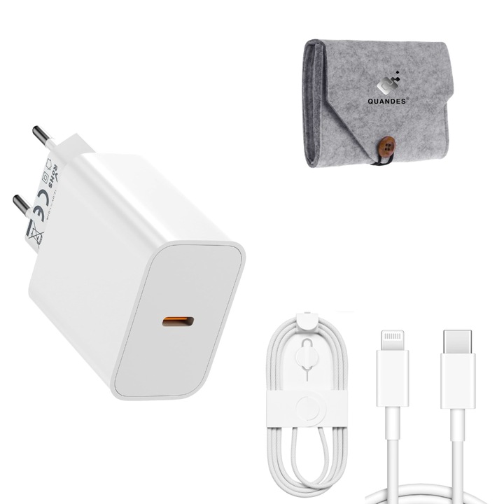 20W PD gyorstöltő készlet, 1 db 1m-es USB-C Lightning típusú adatkábel, 1 db 1m-es USB-C-C adatkábel iPhone 16, 15, 14, 13, 12 pro max készülékekhez, tárolótáska