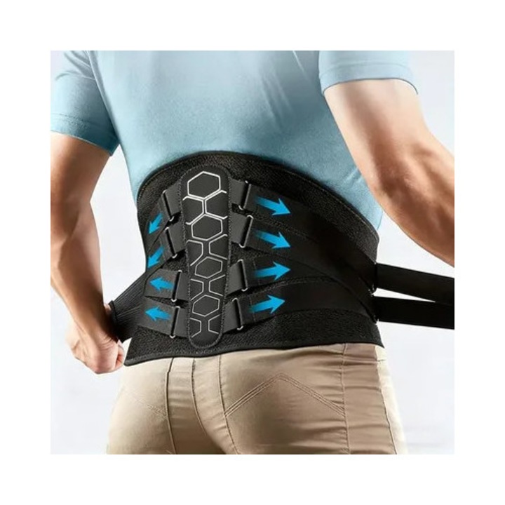 Centura lombara, corset lombar ajustabil cu 4 benzi de compresie si suport ergonomic, respirabil, unisexe, negru, L