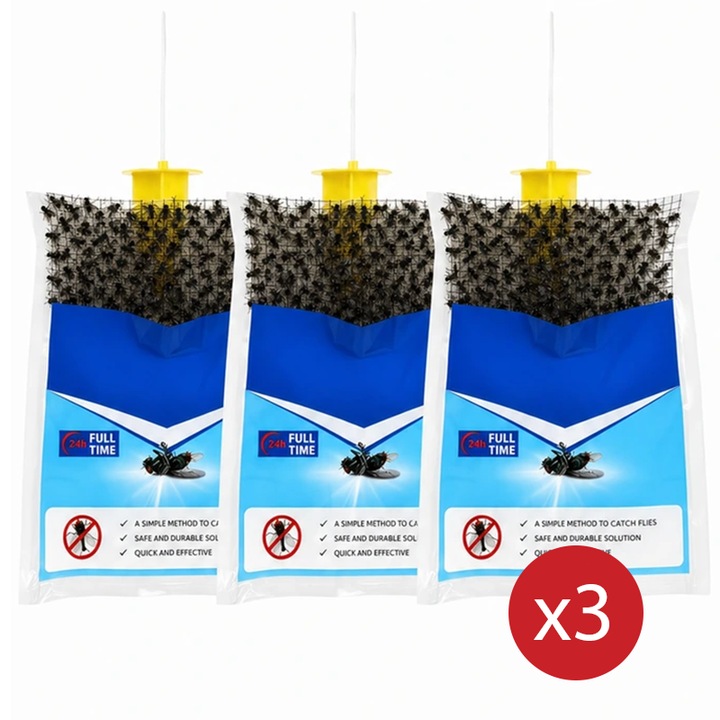 Capcana pentru muste si tantari exterior, set 3 bucati, AgroTop®, cu momeala naturala pre-incarcata, fara pesticide, ecologica, pentru curte, grajd, terasa, livada, animale, agatare pe gard sau ramura, rezistenta ploaie