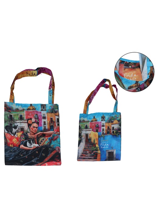 Carmani, Textil bevásárlótáska Frida Kahlo mintával, belső zsebbel, Többszínű