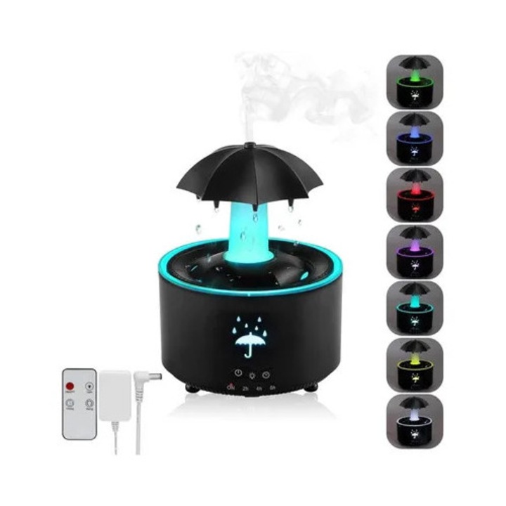 Umidificator difuzor aromaterapie cu design umbrela, telecomanda, 7 culori LED, timer 2/4/8h si oprire automata, nebulizare 10-30 ml/h, negru, 300 ml