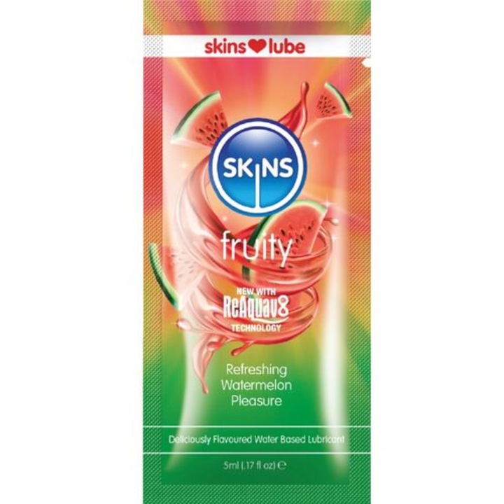 Lubrifiant pe baza de apa Skins Fruity Watermelon, aroma pepene verde, plic monodoza 5 ml