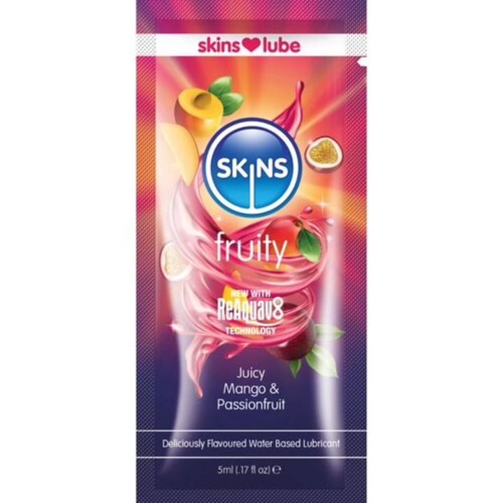 Lubrifiant pe baza de apa SKINS Fruity, aroma mango si fructul pasiunii, monodoza 5 ml