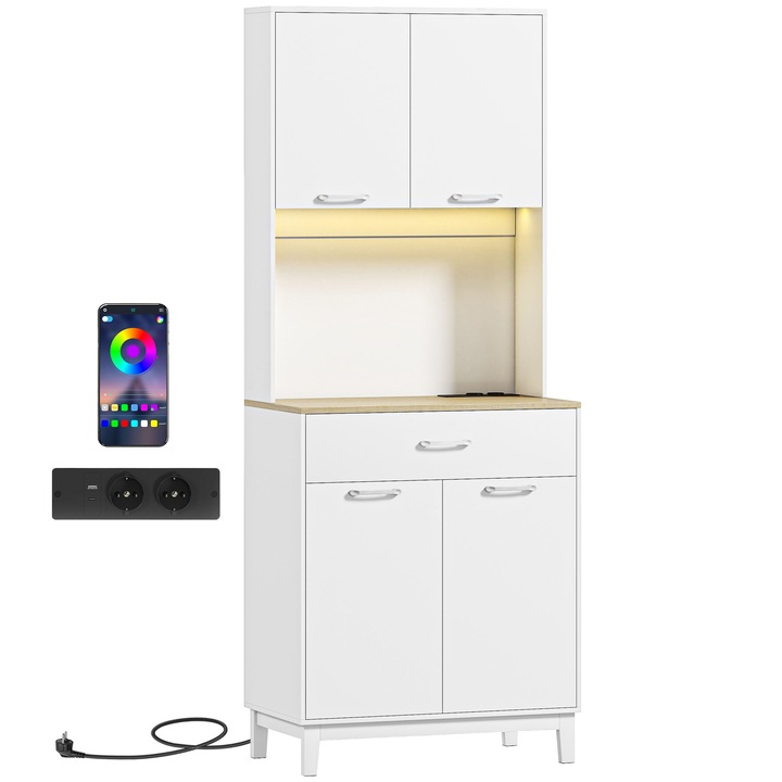 Modern HOMCOM komód LED világítással, elektromos és USB aljzatokkal, 2 szekrénnyel és fiókkal, 71x40x180 cm, fehér